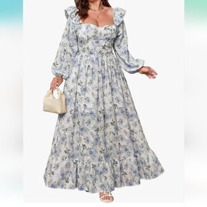 EYWOL Women's Floral Puff Sleeve Corset Chiffon Midi Maxi Cottage Dress Size M